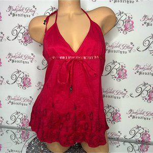 Guess tank top boho embroidered bottom paisley print beaded ties red halter